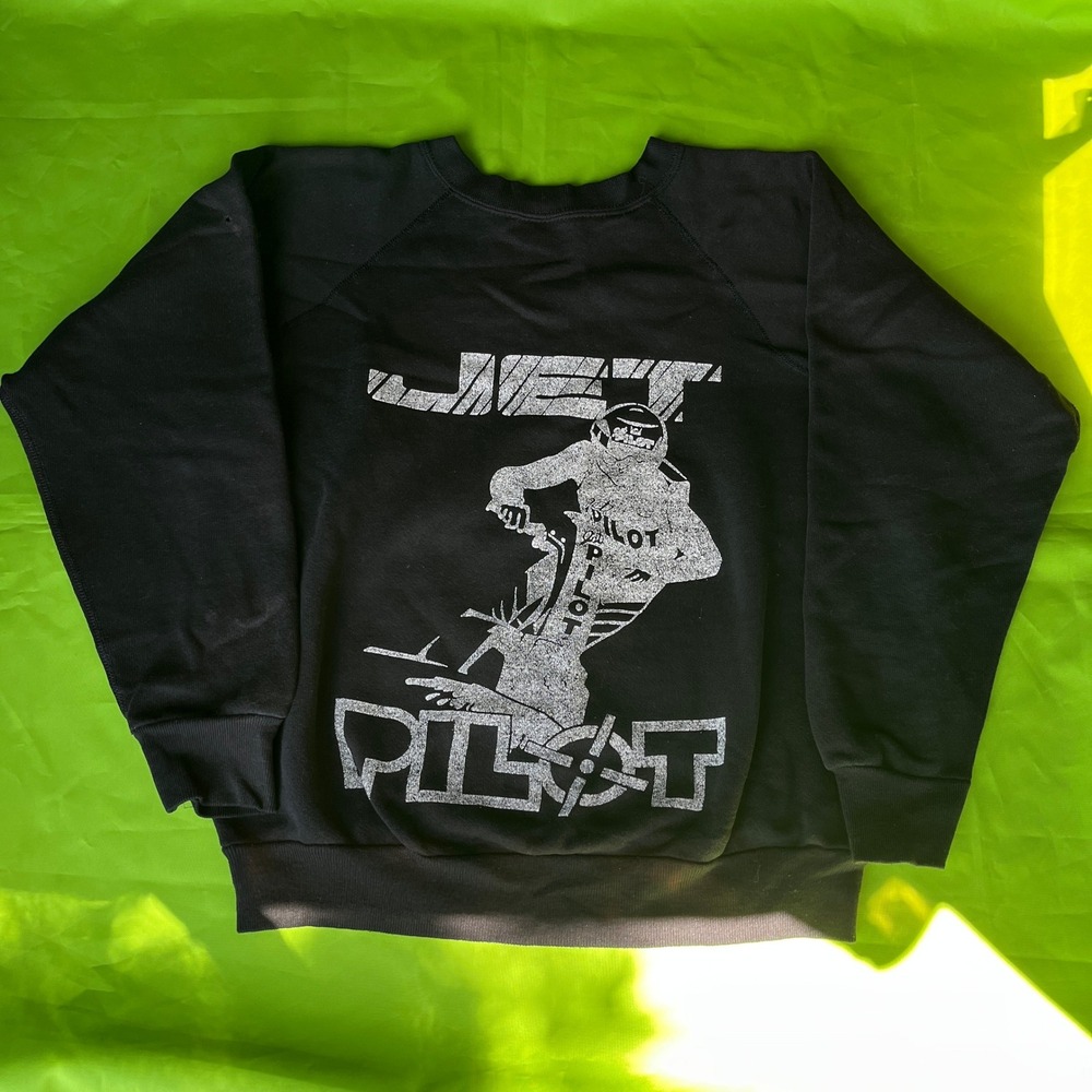 VTG 80s Medium Jet Pilot Sweatshirt Black Raglan Crewneck Graphic Jet Ski Retro - Picture 2 of 7